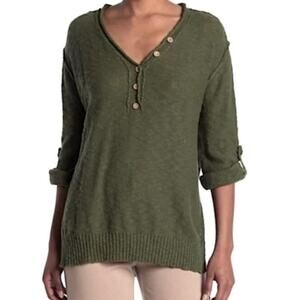 Stitchdrop Women's Slub V-Neck Button Front Henley In Olive Green Small MSRP $72